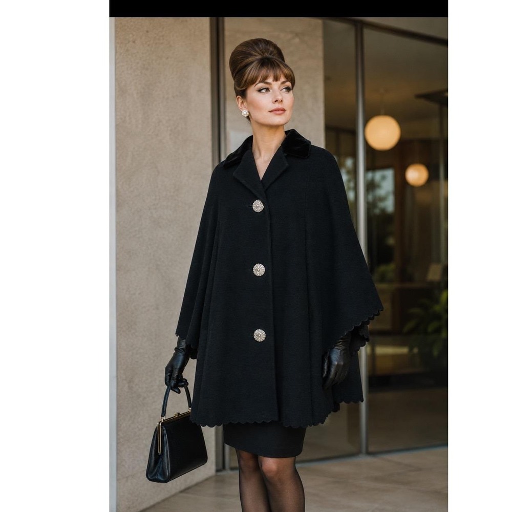 60's cape wool cape German Velour Collar black Irwa modell Munchen‎ swing mod